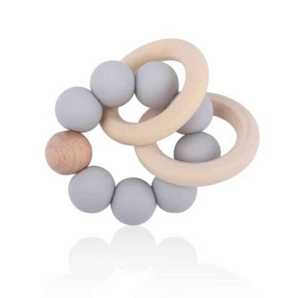 Beechwood Baby Teether Ring with Silicone Beads and Wood Rings NWT